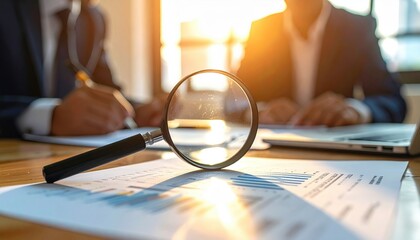 Magnifying glass focusing on financial report symbolizing business analysis transparency and audit process during corporate meeting