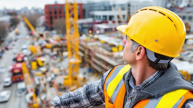 Construction Foreman's Gaze: A construction foreman, clad in a safety vest and hard hat, surveys a bustling construction site from a high vantage point.