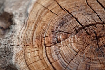 Fototapeta premium Close-up of tree cross-section revealing textured annual rings with rich brown and beige shades, showcasing smooth wood surface, intriguing cracks, and blurred background accentuating focal point