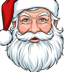 Illustration of santa claus face with white beard and red hat on a white background close up view
