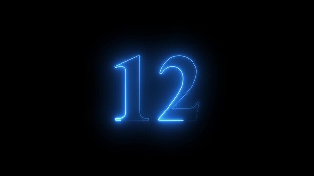 Abstract glowing Neon 12 number educational mathematics text icon animation on black background. a dynamic motion and glowing neon number countdown icon animation.