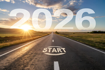 Straight road with “START” painted in foreground and large “2026” above—sunset journey scene evoking new beginnings, direction, and future aspirations. generative ai