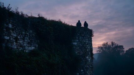 Obraz premium Two silhouetted figures sit atop an ancient ivy covered stone wall at twilight