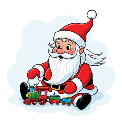 Cartoon santa claus sitting with a toy train in a festive christmas illustration style image