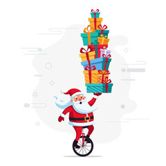 Santa claus balancing a stack of christmas gifts while riding a unicycle on a white background