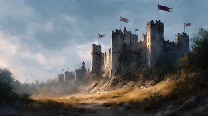 Fototapeta premium A majestic stone castle with flags stands on a grassy hill under a partly cloudy sky during golden hour