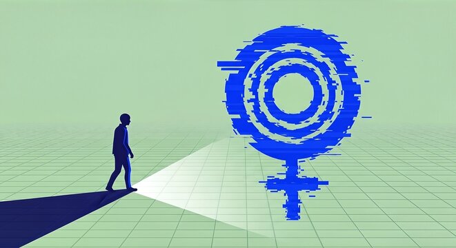 Lone figure illuminated by spotlight discovers powerful abstract symbol representing digital future and technological advancement in a conceptual, futuristic landscape