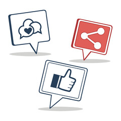 Collection of social media icons within speech bubbles representing communication likes and sharing on a white background