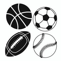 Collection of four iconic sport balls including a basketball soccer ball american football and baseball rendered as simple black silhouettes on a white background