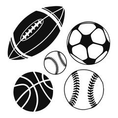 Collection of five distinct sports balls including a black and white american football soccer ball basketball and two baseballs arranged in a scattered pattern on a white background