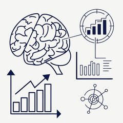 Conceptual illustration of a human brain connected to various data charts and graphs representing analytics growth and intelligence in a clean minimalist dark blue line art style on a white background