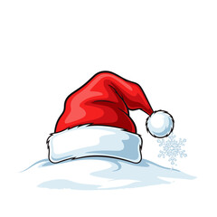 A cartoon santa hat with white fur trim resting on a pile of snow with a snowflake decoration nearby