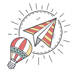 Creative idea concept with a paper airplane and hot air balloon symbolizing innovation and travel adventures