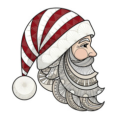 Illustration of santa claus with a striped hat and patterned beard in profile view on white