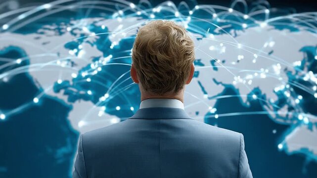 Global Connection Visionary: A man in a suit, seen from behind, gazes upon a holographic display of the world map intertwined with a network of connections, symbolizing global networking.