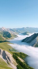 Dreamy mountain landscape with a river of clouds flowing through green valleys under a clear blue sky on a sunny day