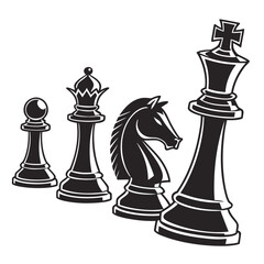 Iconic black chess pieces including a pawn bishop knight and king arranged in a line on a white background representing strategy and competition