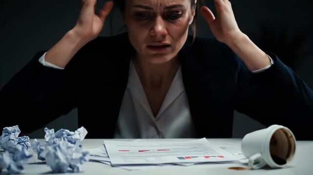 Upset female professional shedding tears due to exhaustion and pressure. Stressed out businesswoman experiencing overwhelming emotions while struggling at work