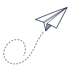 Simple hand drawn dark blue outline paper airplane flying with a dashed line trail indicating a playful curved path on a clean white background