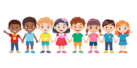 Obraz premium Group of elementary or kindergarten little children. Diverse multinational school children. Happy school kids boys and girls of different race. Vector characters clipart illustration isolated.
