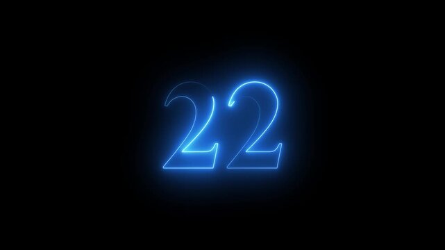 Abstract glowing Neon 22 number educational mathematics text icon animation on black background. a dynamic motion and glowing neon number countdown icon animation.	