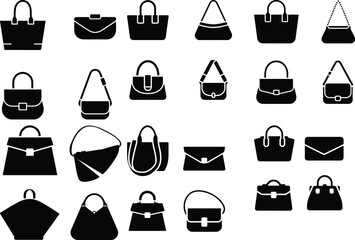 Diverse Handbag Icon Set &ndash; Stylish Fashion Silhouette Collection Elegant Women&rsquo;s Handbag Vector Set &ndash; Modern Accessory Icons