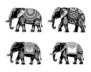 Obraz premium Decorative Elephant Illustrations A Set of Four Black and White Elephant Designs with Intricate Patterns for Various Creative Projects
