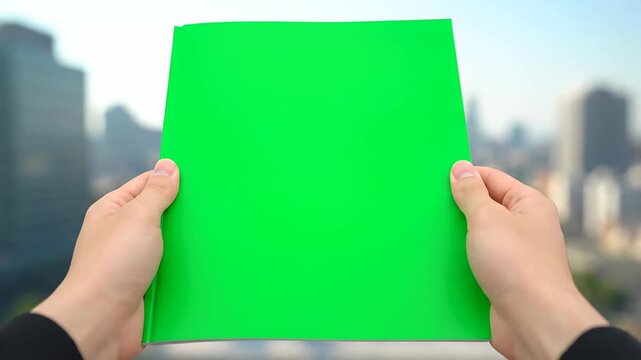 First person view of a professional holding a blank green screen book or magazine. A blurred cityscape visible in the background