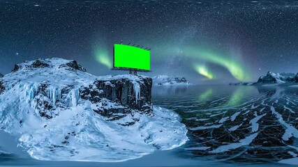 A blank green screen billboard stands on a snowy mountain overlooking a frozen lake with the aurora borealis in the night sky - Powered by Adobe