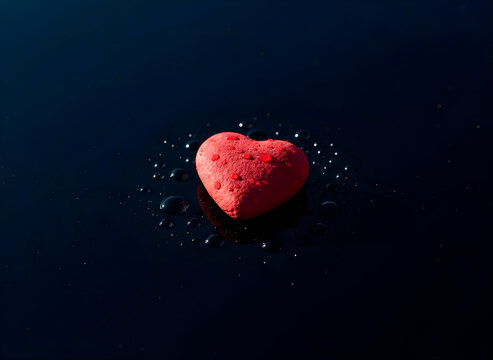 A petite red heart nestled on a wet, black slate surface, tiny water beads glistening, intense, focused lighting, emphasizing the heart's shape and form.