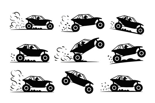 Dynamic collection of dune buggy silhouettes and off-road vehicle icons in various action poses, illustrating extreme motorsport and racing concepts