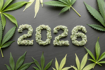 “2026” formed with cannabis buds surrounded by green and yellow leaves on dark surface—bold visual marking future milestones in cannabis culture and industry. generative ai