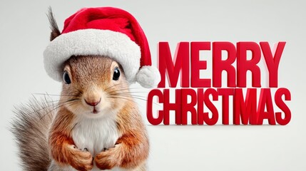 Adorable squirrel wearing a festive red Santa hat, posing with paws together in front of bold Merry Christmas text, capturing the joyful spirit of the holiday season in a playful and charming manner