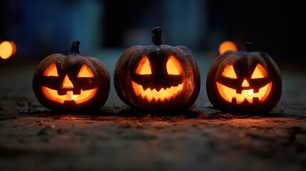 spooky glowing halloween pumpkins dark night