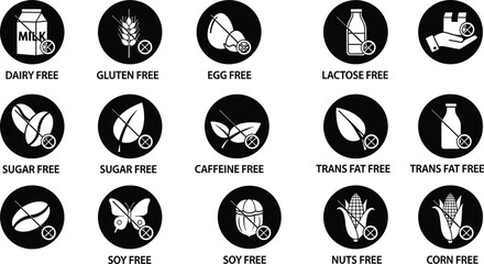 15 allergen-free icons, dietary restriction symbols, black circular style, food safety, packaging design, vector illustration, editable stroke, professional concept