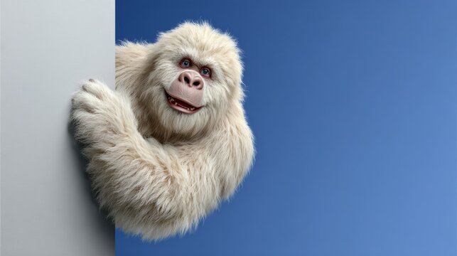 Playful white furry creature peeking from behind a wall, showcasing a cheerful expression against a vibrant blue background, creating a whimsical and engaging visual experience for viewers