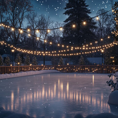 Fototapeta premium Winter ice skating rink decorated with lights under falling snow 