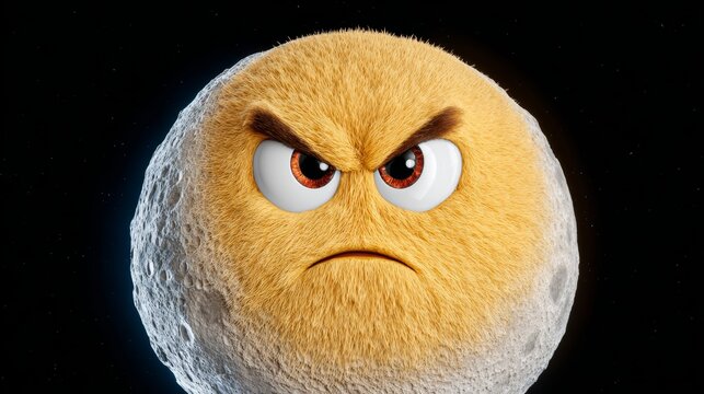 Cartoonish angry moon character with fluffy yellow texture and expressive eyes, set against a dark cosmic background, showcasing a whimsical and playful interpretation of celestial bodies