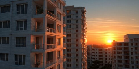 Fototapeta premium Modern Apartment Buildings at Sunset with Warm Lighting