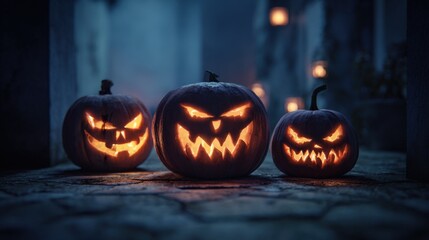 Obraz premium eerie glowing Halloween pumpkins dark street