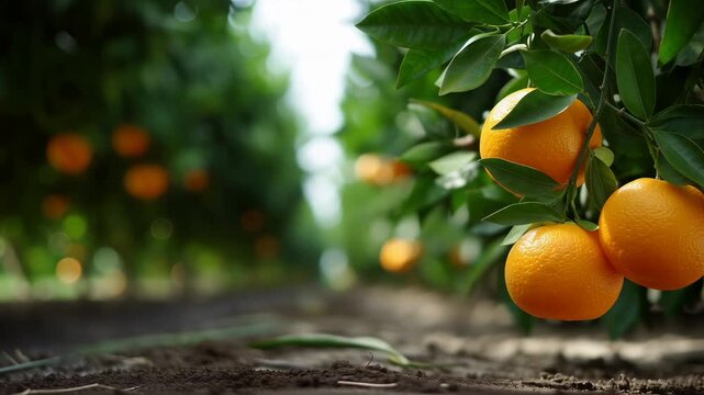 Oranges dangle from lush green branches in a bright orchard. Clear blue sky creates cheerful atmosphere. Concept of agriculture, fruit production, healthy eating