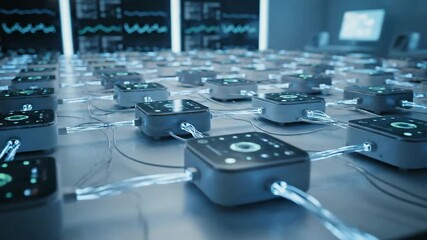 A detailed network of interconnected smart devices with glowing indicators representing technological data processing and digital communication - Powered by Adobe