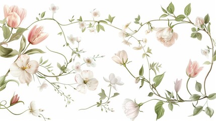 Elegant Watercolor Floral Garland Delicate Blooms and Lush Greenery