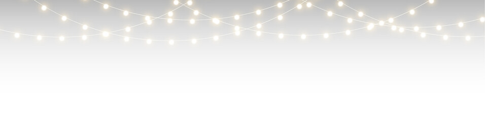 Glowing Christmas light garland border with festive bulb string illustration for holiday banners.