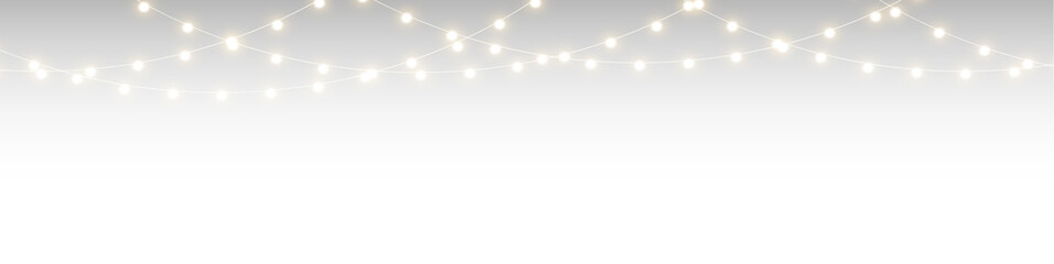 Holiday illustration featuring glowing string lights and Christmas bulb garland on a clean vector...