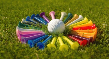 Naklejka premium A golf ball sits in a circle of colorful tees on vibrant green grass