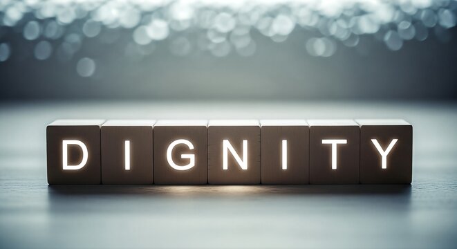 Illuminated wooden blocks spelling out DIGNITY convey profound respect and inherent worth in a modern, abstract setting, evoking a sense of gravitas and importance