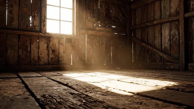 Beautiful sun rays streaming through a dusty window into an old, abandoned wooden attic. Sunlight creating shadows on the rustic floor