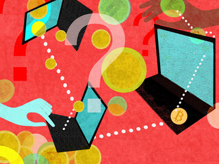 Question mark over hand transferring cryptocurrency using laptop
