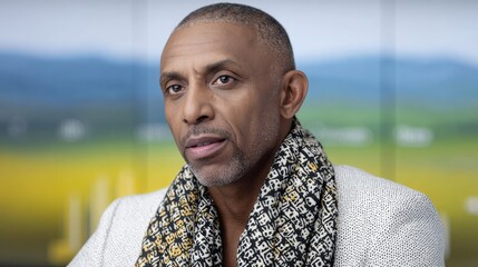 Fototapeta premium Mature african american man with stylish scarf, is engaged in thoughtful conversation, showcasing expressive features and a confident demeanor, set against a blurred natural background with soft color